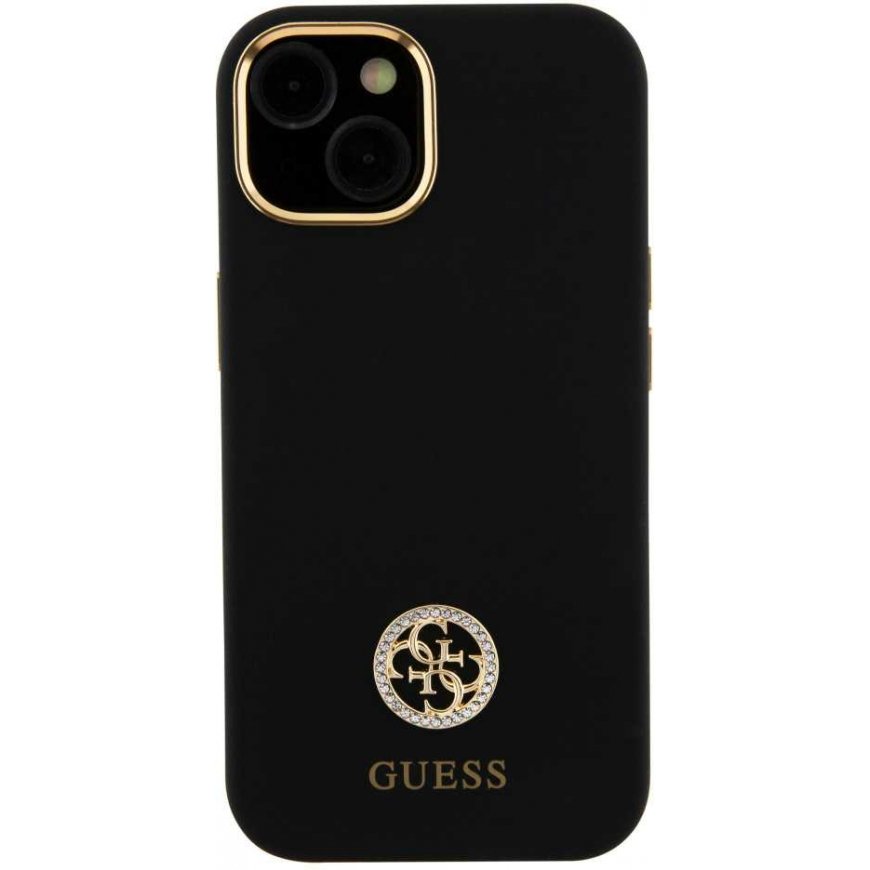 Dėklas Guess Liquid Silicone 4G Strass Metal Logo Case for iPhone 15 Juodas – 2