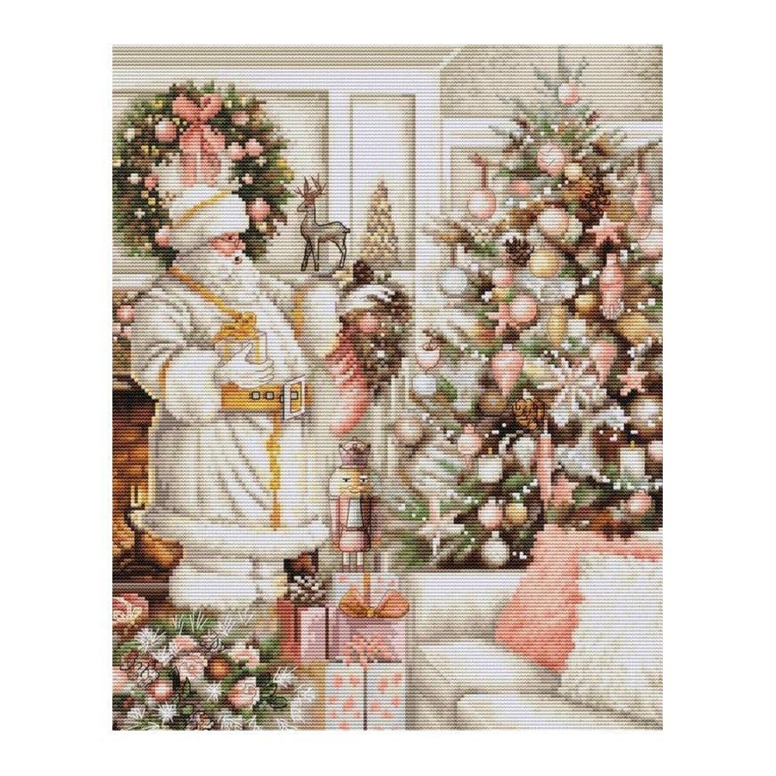 luca S Siuvinėjimo kryželiu rinkinys Baltas Kalėdų Senelis su Kalėdų eglute 25x32cm SBU5019