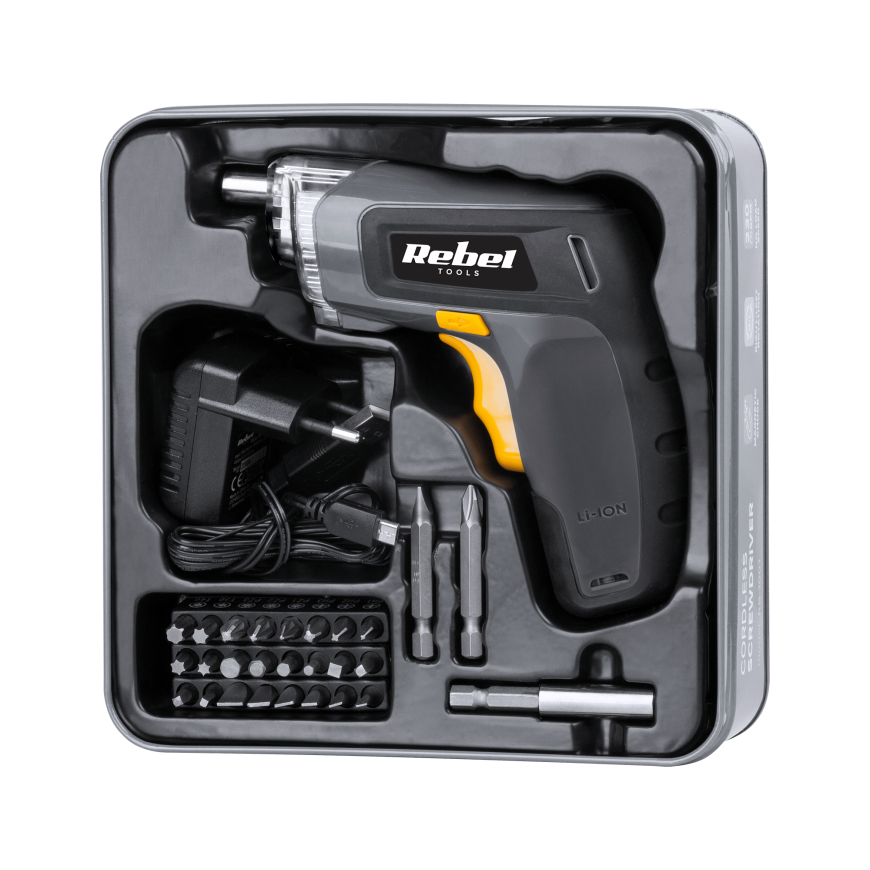 Wireless screwdriver Rebel RB-1001 3.6V 1300mAh with accessories - 27 items – 5