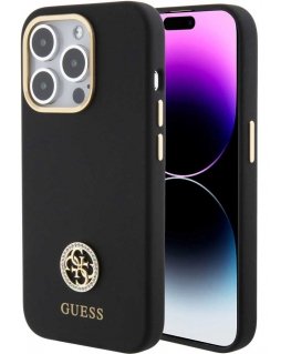 Case Guess Liquid Silicone 4G Strass Metal Logo Case iPhone 15 Pro Black