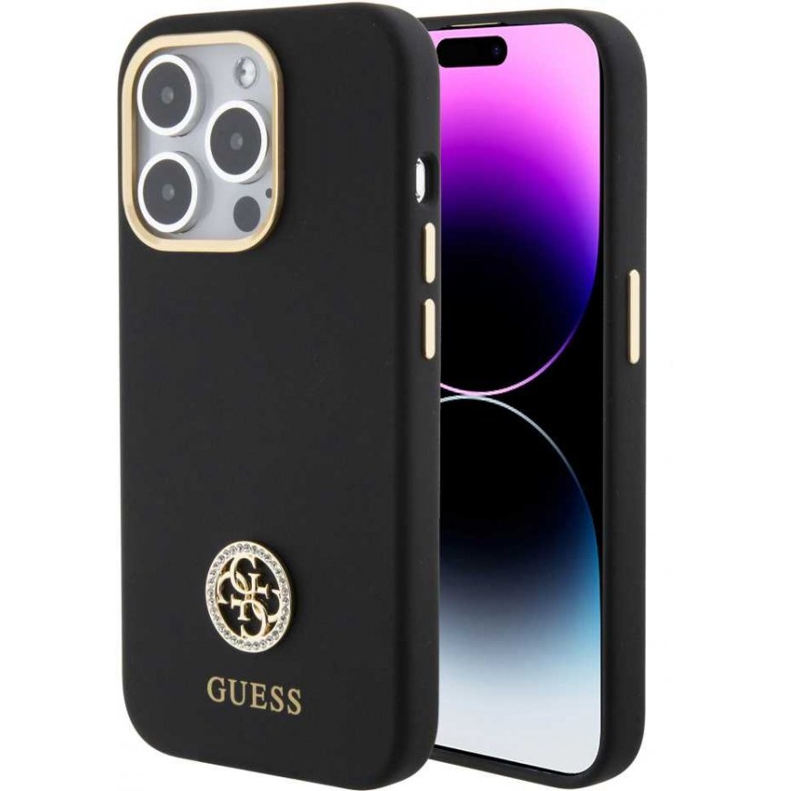Case Guess Liquid Silicone 4G Strass Metal Logo Case iPhone 15 Pro Black