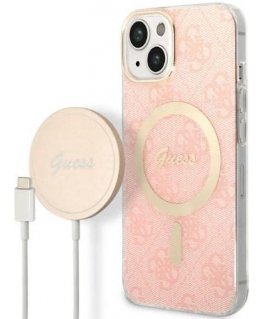 Guess set case + charger for iPhone 14 Plus 6,7" GUBPP14MH4EACSP pink hard case 4G Print MagSafe