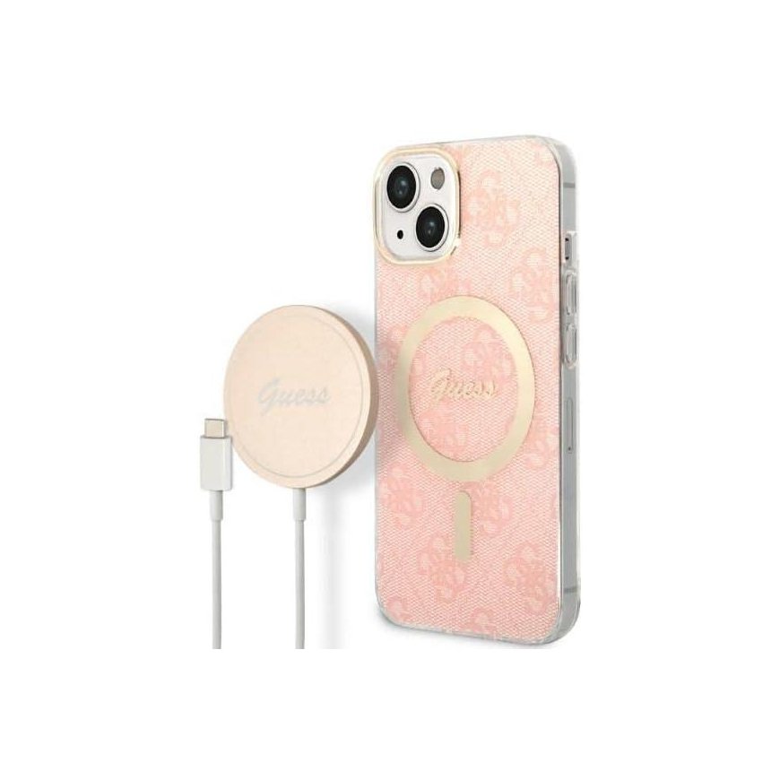 Guess set case + charger for iPhone 14 Plus 6,7" GUBPP14MH4EACSP pink hard case 4G Print MagSafe