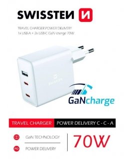 Swissten Įkroviklis Sieciowa GuN 2 X USB C + USB 70 W Power Delivery Balta