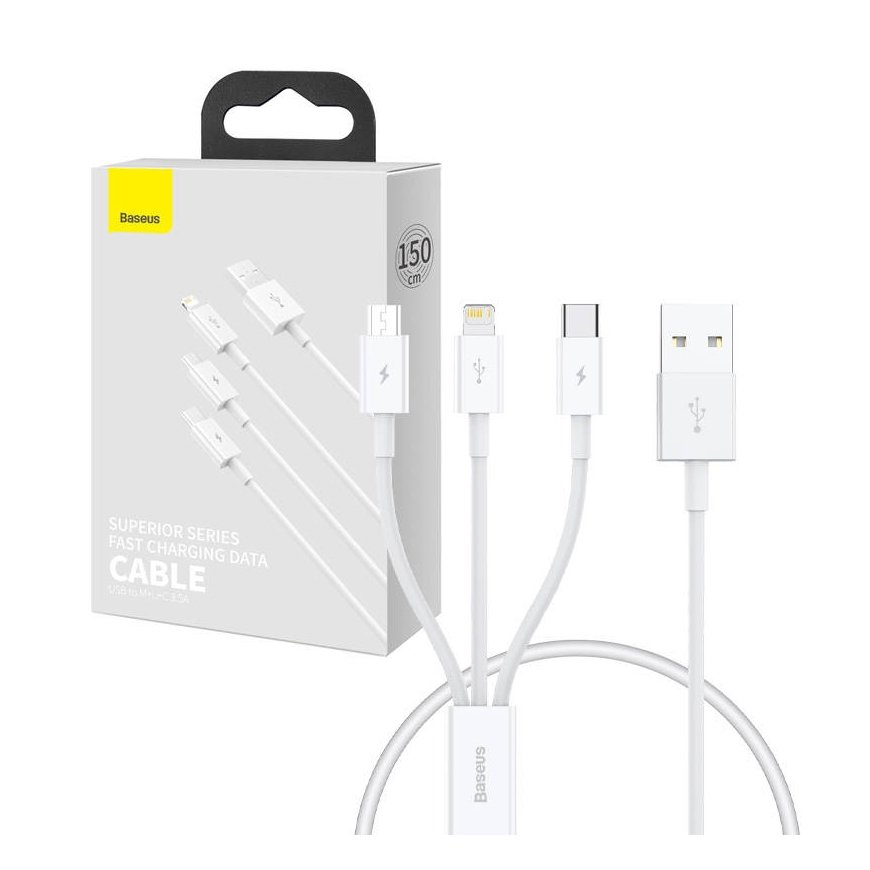 Quick Charge USB to M+L+C Baseus Superior Data 3.5A 0.5m (White)