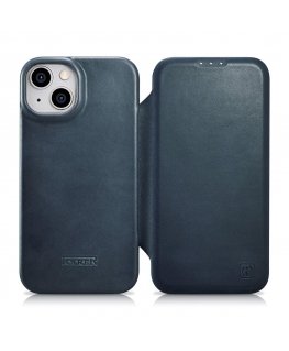 iCarer CE Oil Wax Premium Leather Folio Case iPhone 14 Plus magnetic flip case MagSafe blue (AKI14220707-BU)