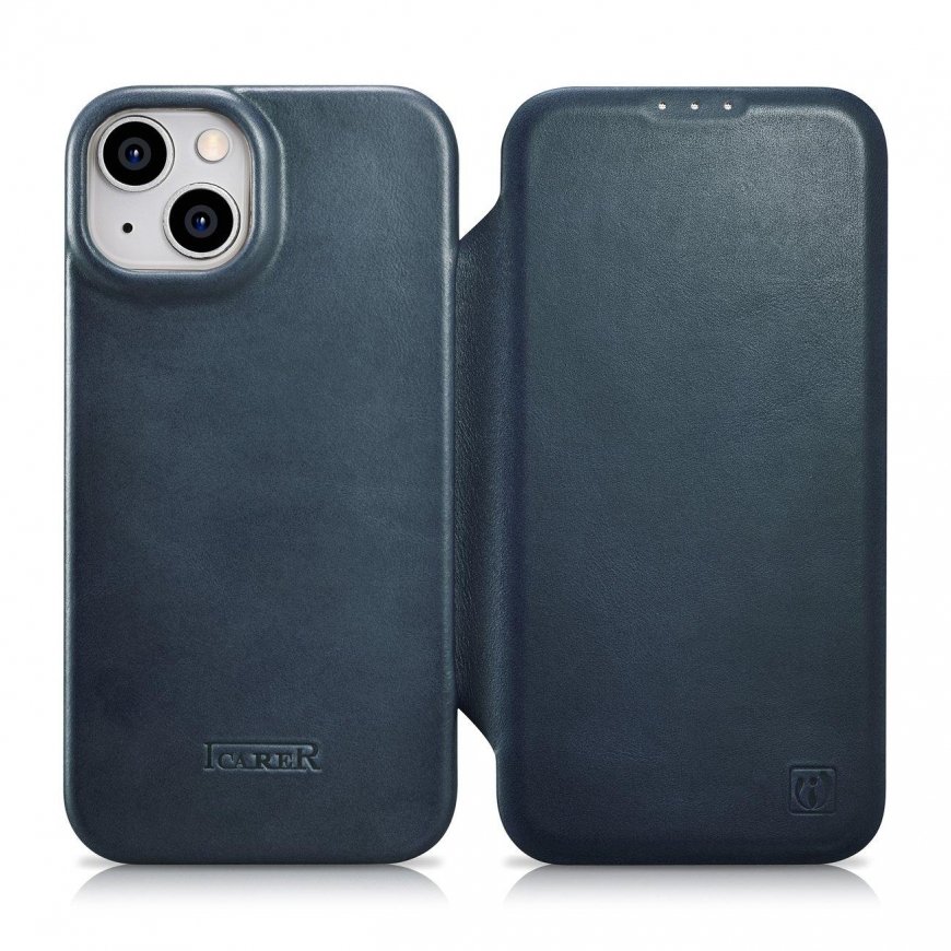iCarer CE Oil Wax Premium Leather Folio Case iPhone 14 Plus magnetinis atverčiamas dėklas MagSafe mėlynas (AKI14220707-BU)