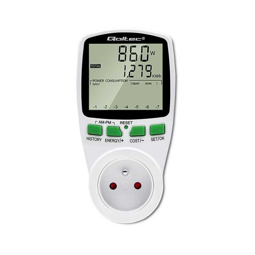 Qoltec Wattmeter energy consumption meter PM0627 with measurement history | 3680w | 16a | LCD