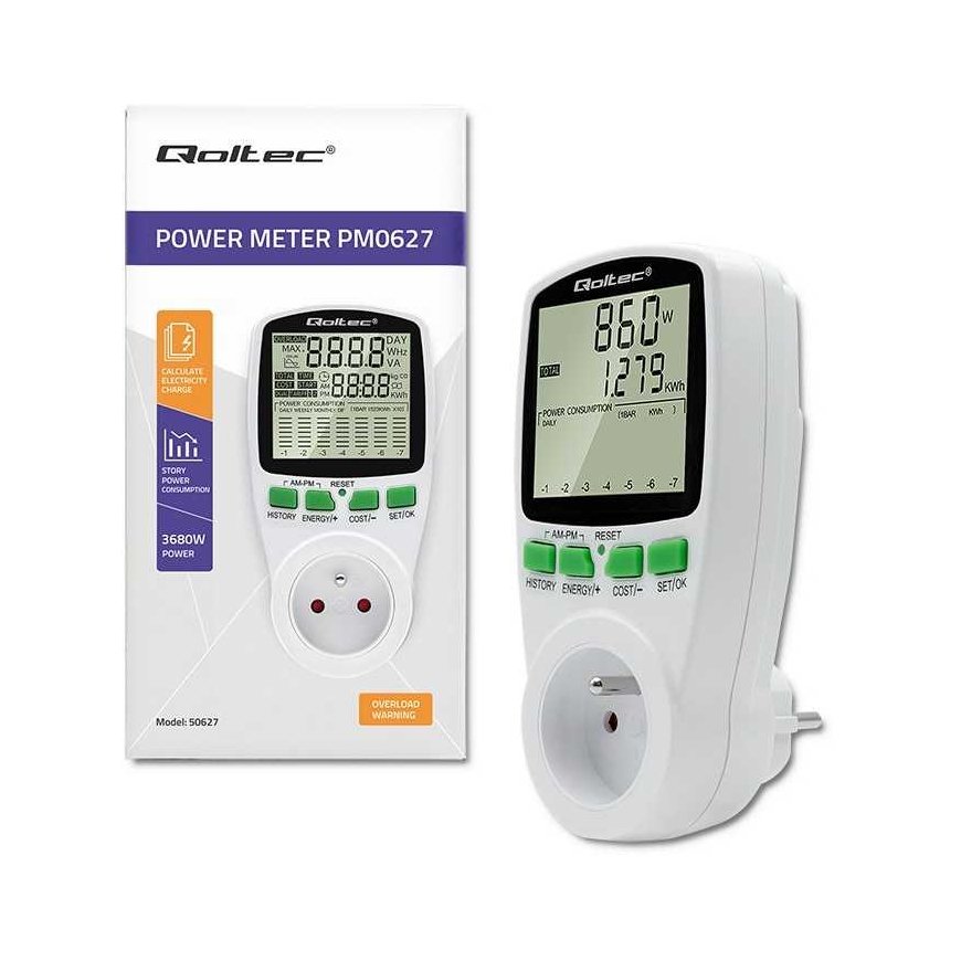 Qoltec Vatmetras energijos suvartojimo matuoklis PM0627 su matavimo istorija | 3680w | 16a | LCD – 2