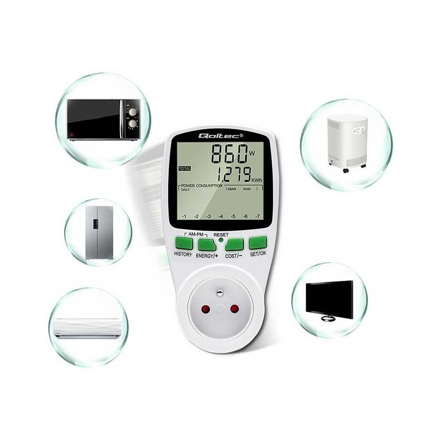 Qoltec Vatmetras energijos suvartojimo matuoklis PM0627 su matavimo istorija | 3680w | 16a | LCD – 3