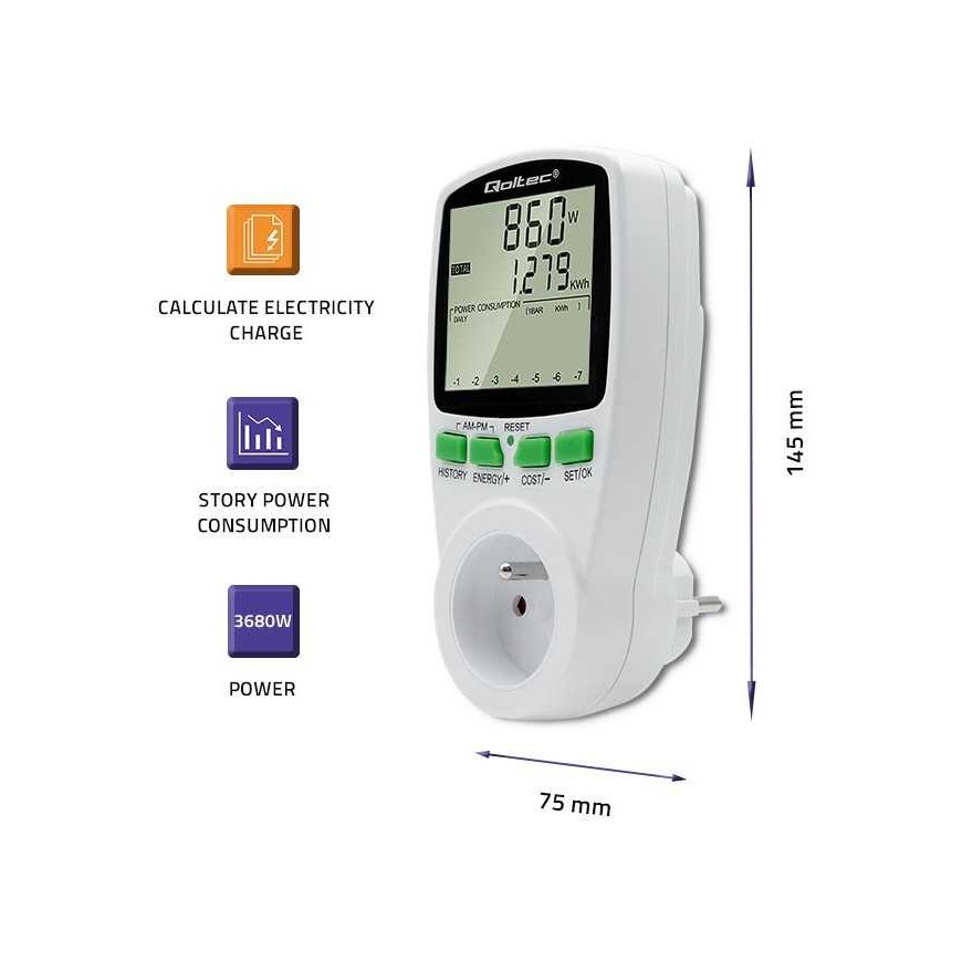 Qoltec Vatmetras energijos suvartojimo matuoklis PM0627 su matavimo istorija | 3680w | 16a | LCD – 4