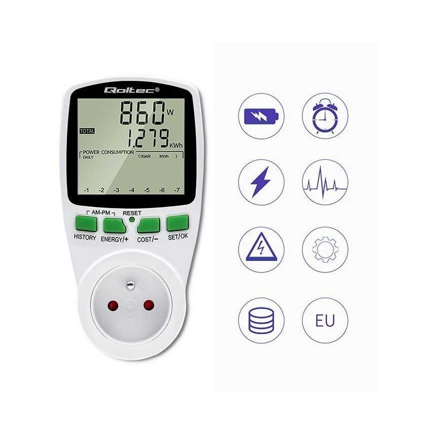 Qoltec Vatmetras energijos suvartojimo matuoklis PM0627 su matavimo istorija | 3680w | 16a | LCD – 5