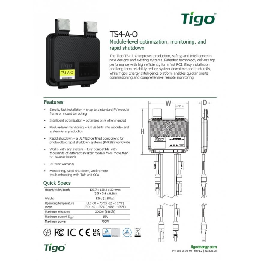 Tigo TS4-A-O, 15A, 700W, 1000VIEC, 0.12/1.2M Cable – 3