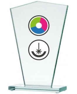 Detail Glass trophy with LuxorJet color printing, engraving and paint filling