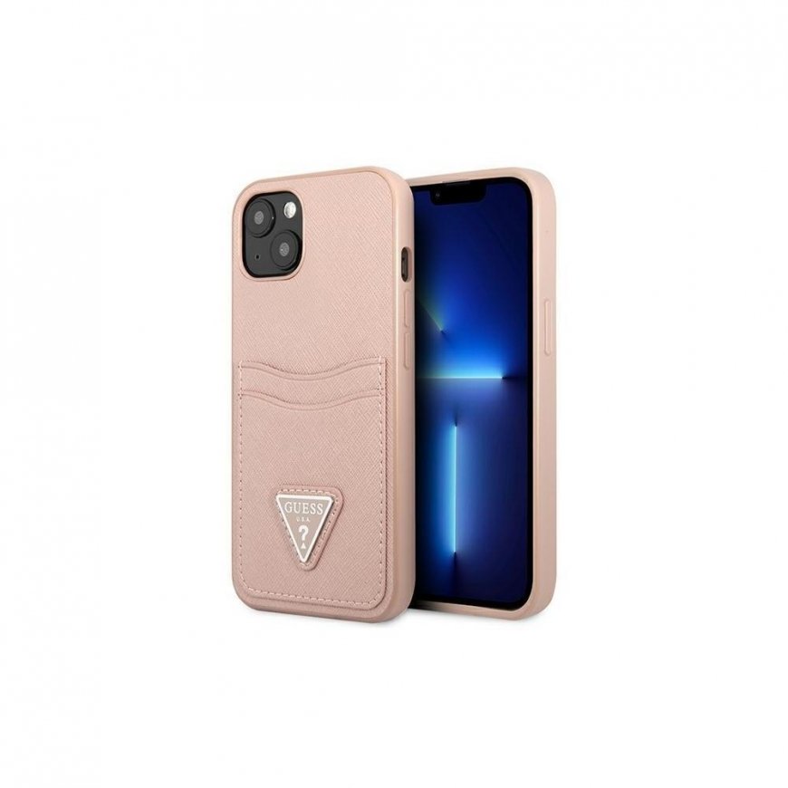 Guess GUHCP13SPSATPP iPhone 13 mini 5,4 colių rožinis / rožinis kietas dėklas SaffianoTriangle logotipo kortelių lizdas – 3