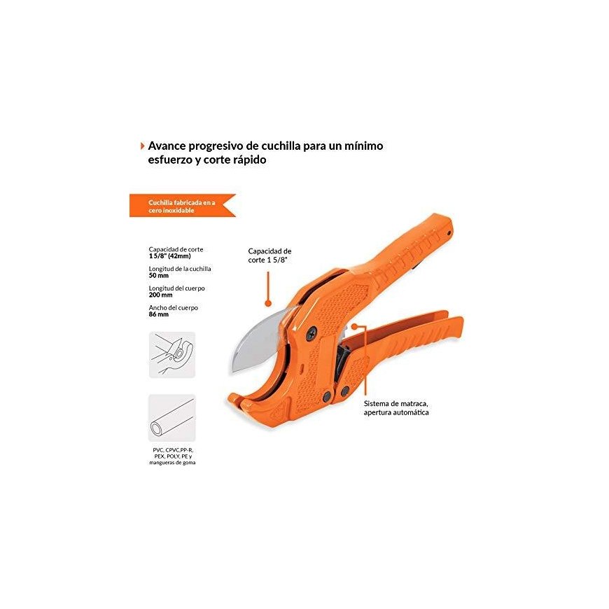 Scissors for plastic pipes. Sturdy metal body, stainless steel blade. For pipes up to 41 mm. Throttle mechanism Truper® – 3