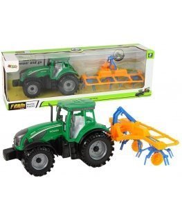 Lean Cars Green tractor with orange and blue rake friction gear