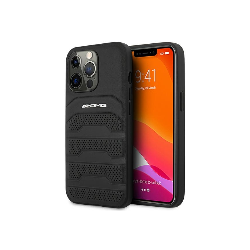 Mercedes AMG AMHCP14LGSEBK iPhone 14 Pro 6.1" Black / Black Hard Case, Leather Embossed Lines – 4