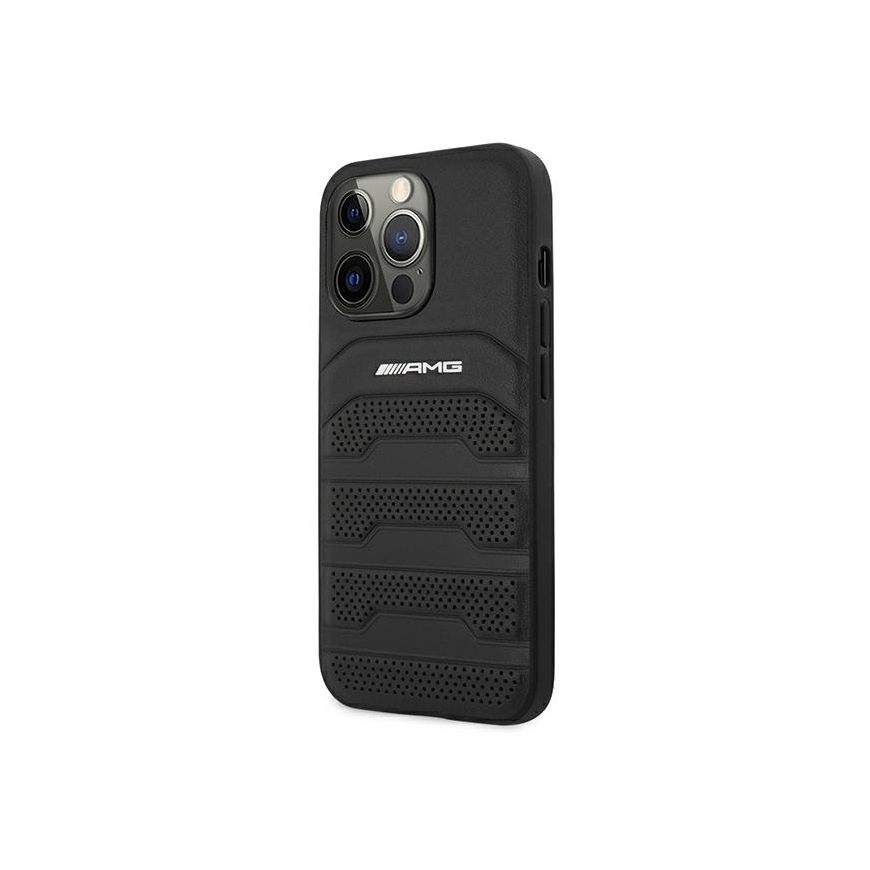 Mercedes AMG AMHCP14LGSEBK iPhone 14 Pro 6.1 "juodas / juodas kietas dėklas, odinės įspaudos linijos – 5