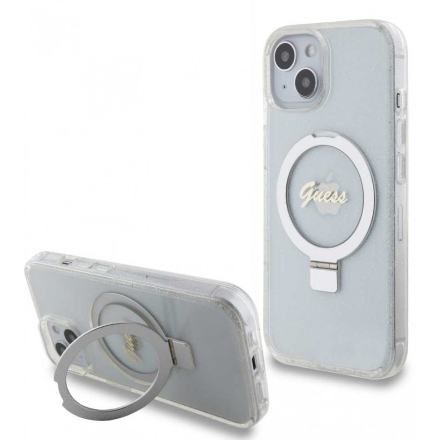 Guess IML Ring Stand Glitter MagSafe Case for iPhone 15 Clear