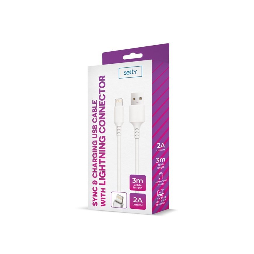 Setty cable USB - Lightning 3,0 m 2A white NEW