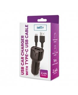 Setty car charger 1x USB 2,4A black + USB-C cable 1,0 m