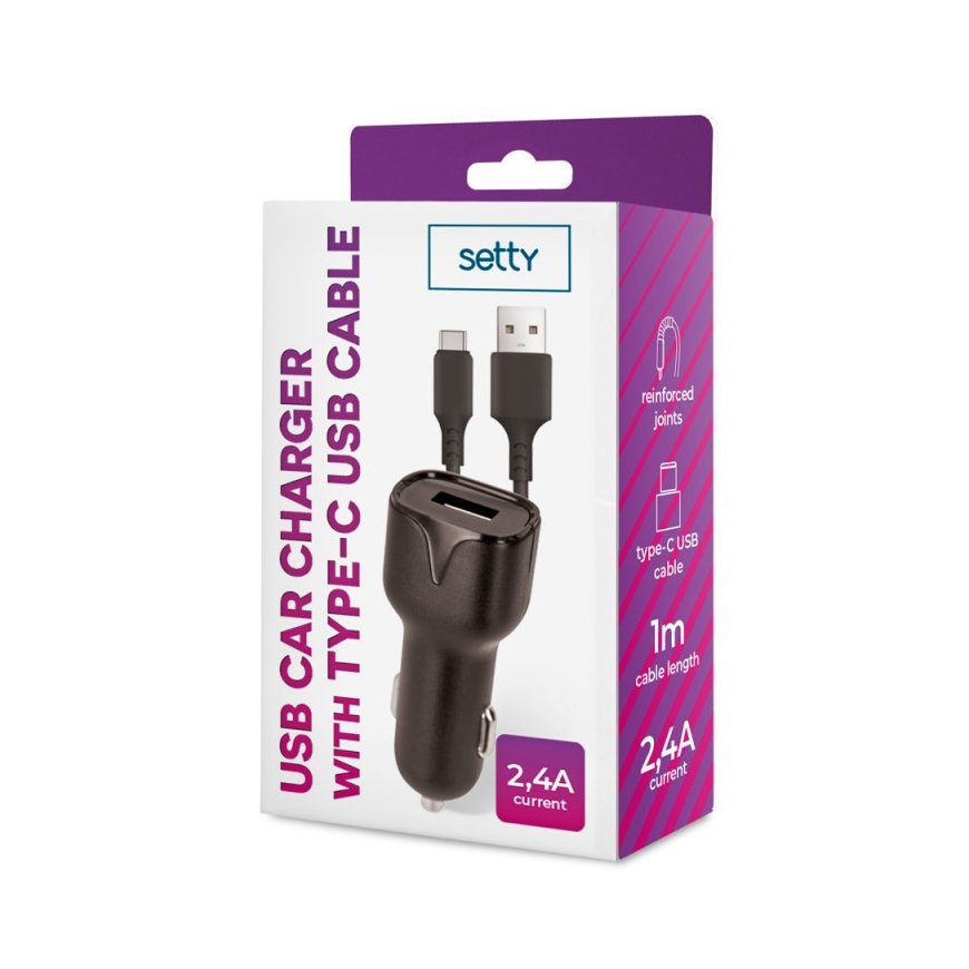 Setty car charger 1x USB 2,4A black + USB-C cable 1,0 m