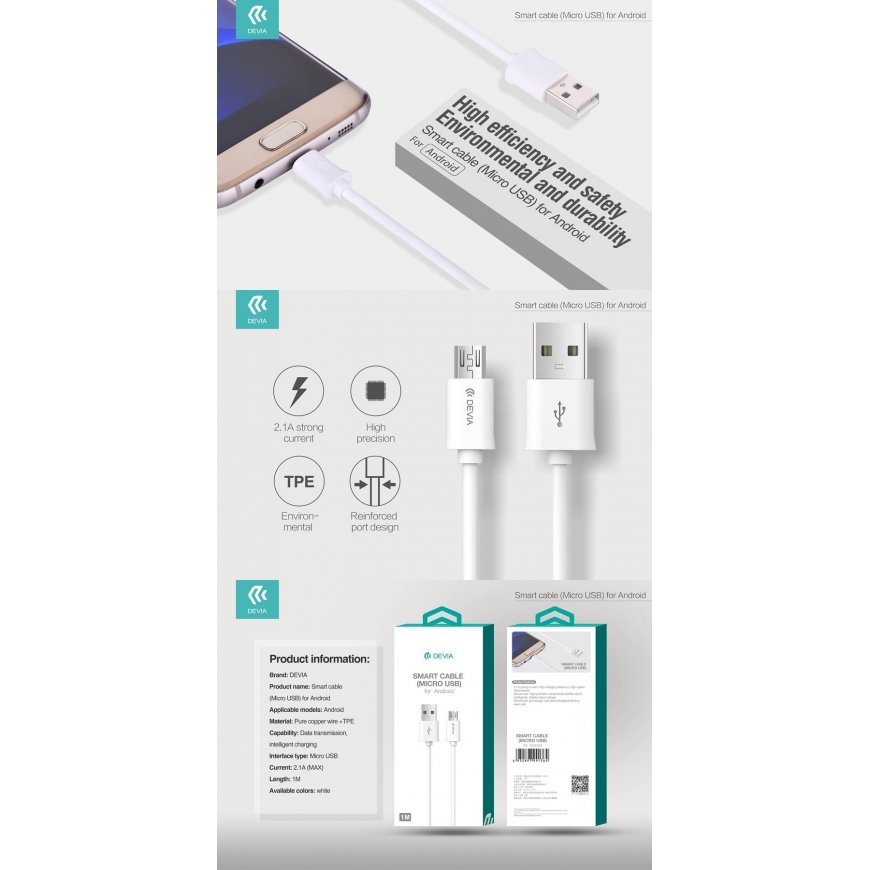 Devia cable Smart USB - microUSB 1,0 m 2,1A white