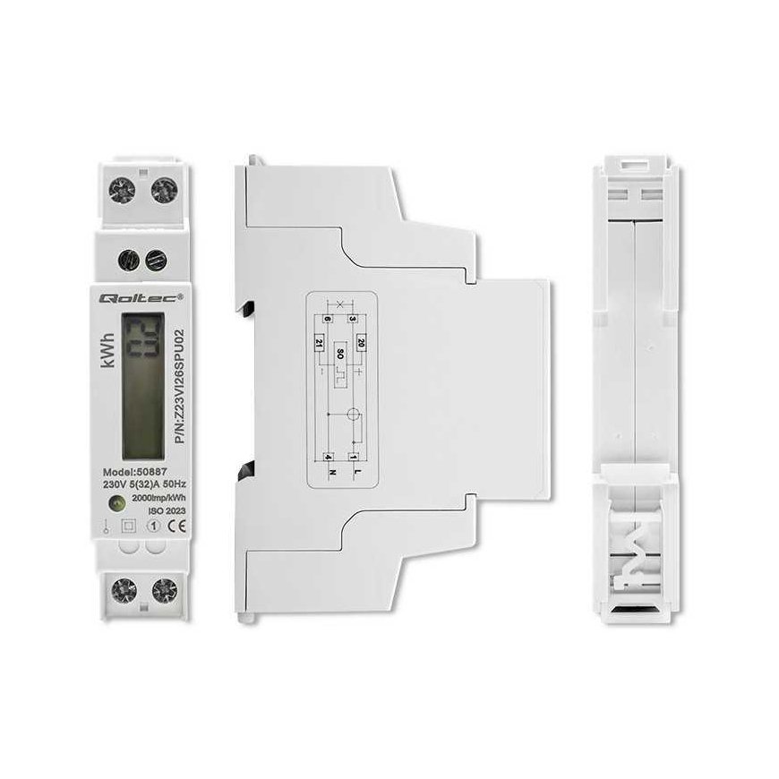 Qoltec Single phase electronic meter | din rail energy consumption meter | 230v | LCD | 2p | slim – 2