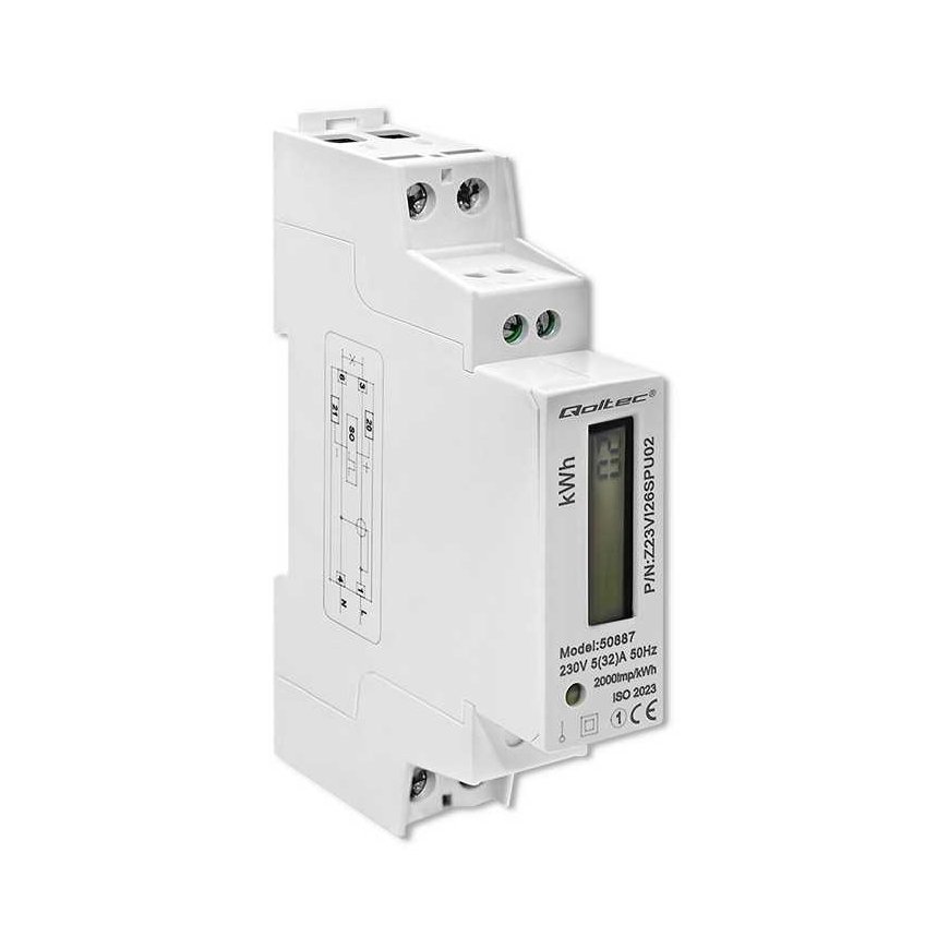 Qoltec Single phase electronic meter | din rail energy consumption meter | 230v | LCD | 2p | slim – 5