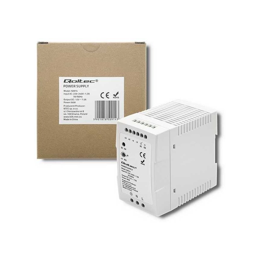 Qoltec 50914 DIN bėgio maitinimo šaltinis | 90W | 12V | 7.5A | Baltas | Lieknas – 5
