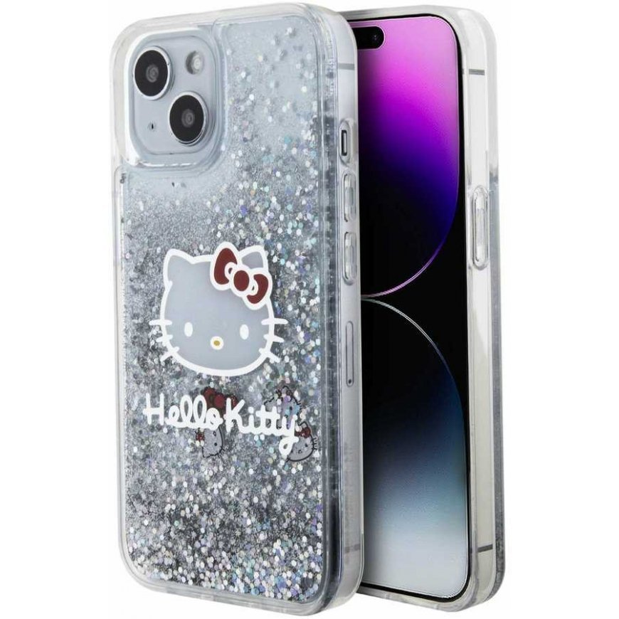 „Hello Kitty“ skystas blizgantis galvanizavimo galvutės logotipo dėklas, skirtas „iPhone 15“, skaidrus