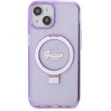 Guess IML Ring Stand Glitter MagSafe dėklas, skirtas iPhone 15 Plus Violetinė