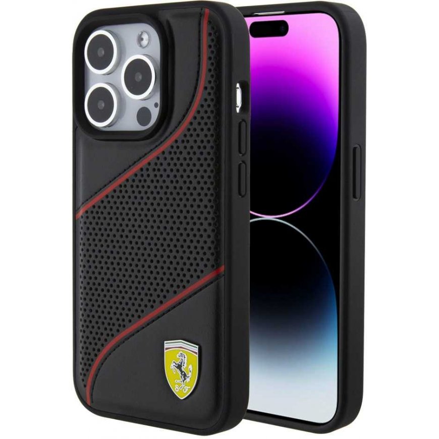 Ferrari PU odinis perforuotas nuožulnus dėklas, skirtas iPhone 15 Pro Juodas