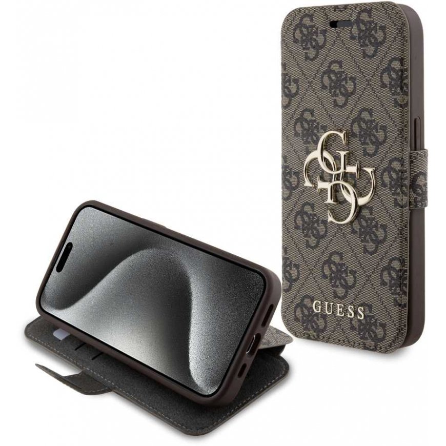 Guess PU Leather 4G Metal Logo Case for iPhone 15 Pro Brown