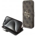 Guess PU odos 4G metalinis logotipo dėklas, skirtas iPhone 15 Pro Brown