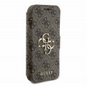Guess PU odos 4G metalinis logotipo dėklas, skirtas iPhone 15 Pro Brown