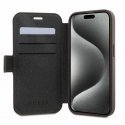 Guess PU odos 4G metalinis logotipo dėklas, skirtas iPhone 15 Pro Brown