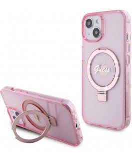 Guess IML Ring Stand Glitter MagSafe dėklas, skirtas iPhone 15 Rožinė