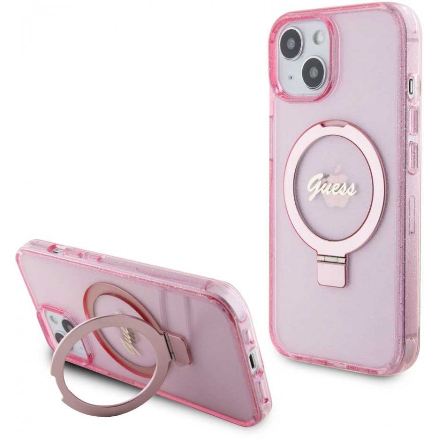 Guess IML Ring Stand Glitter MagSafe case for iPhone 15 Pink