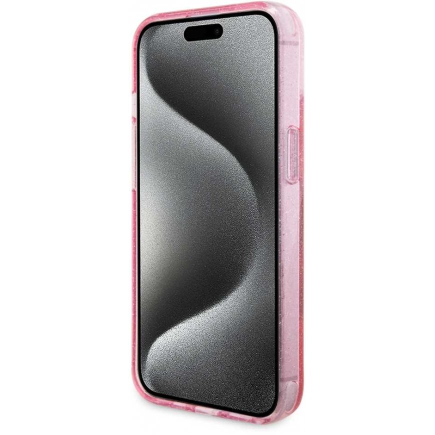 Guess IML Ring Stand Glitter MagSafe dėklas, skirtas iPhone 15 Rožinė – 5