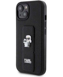Karl Lagerfeld Saffiano Grip Stand Metal Logo Case for iPhone 15 Black