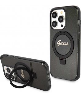 Guess IML Ring Stand Glitter MagSafe dėklas, skirtas iPhone 15 Pro Max Juodas