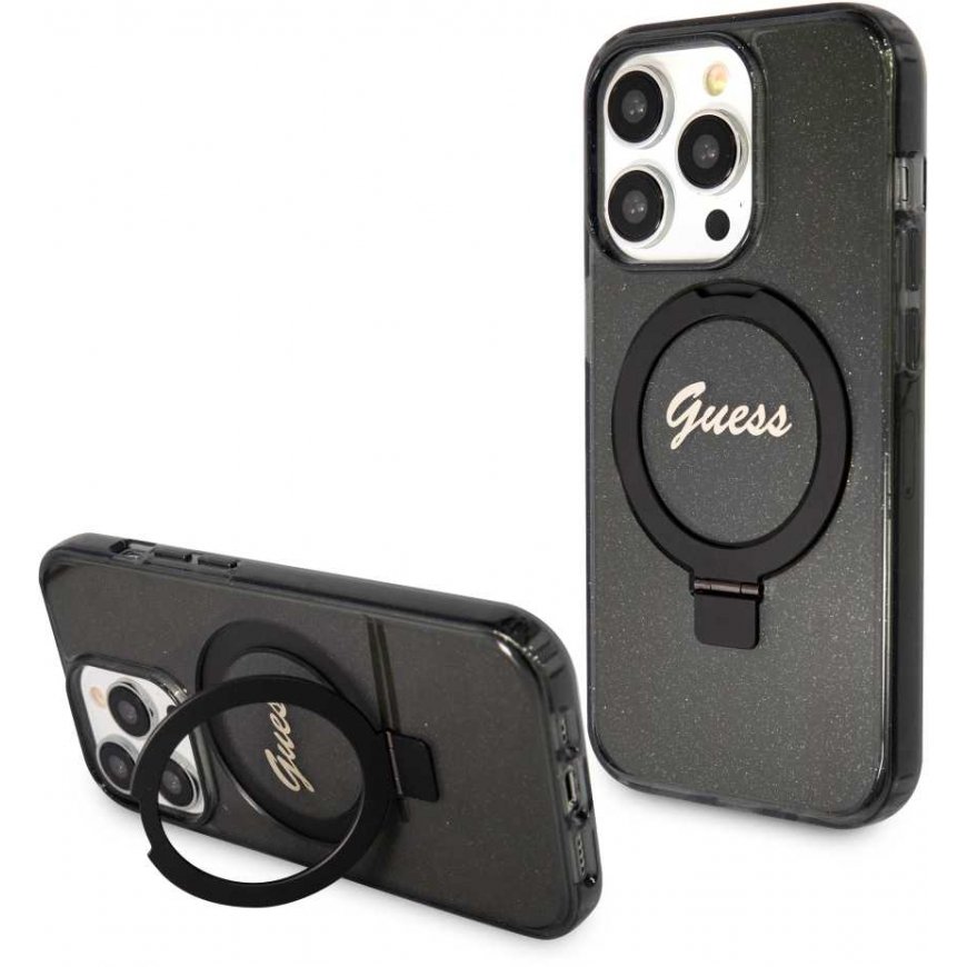 Guess IML Ring Stand Glitter MagSafe Case for iPhone 15 Pro Max Black