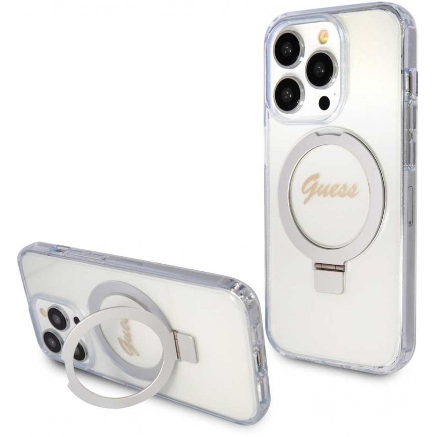 Guess IML Ring Stand Glitter MagSafe Case for iPhone 15 Pro Clear