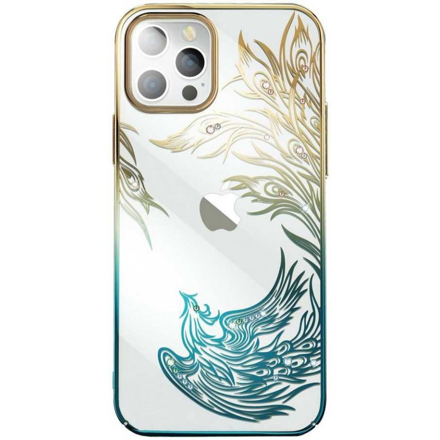 Prabangus iPhone 14 Plus dėklas su Kingxbar Phoenix kristalais – auksinis ir mėlynas