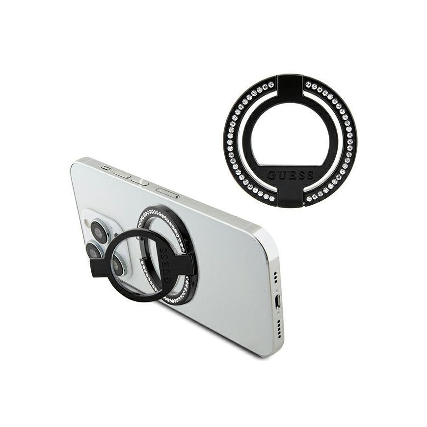 Dėklas Guess MagSafe Ring Stand Rhinestone su funkcija standu (Juodas)