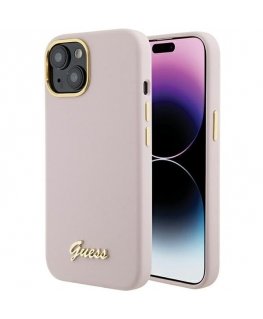 Guess Silicone Script Metal Logo & Frame Back Case for Apple iPhone 15