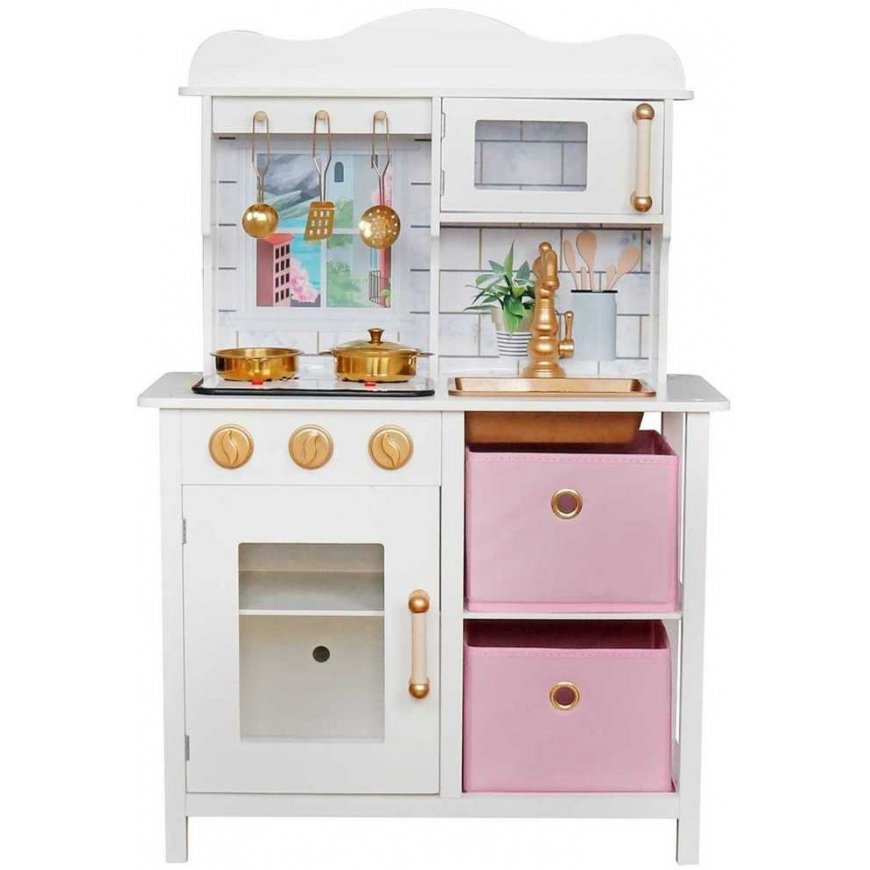 Enero Toys Kitchen DREWNIANA DLA DZIECI LAMPKA LED 60x30x88,5CM White RÓŻOWA