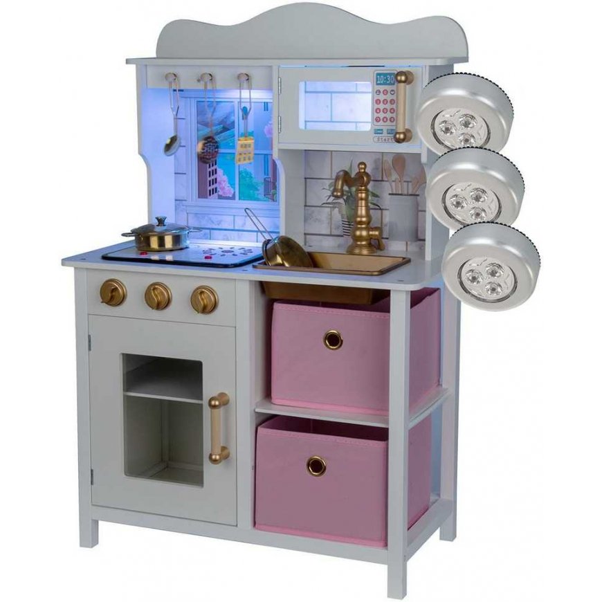 Enero Toys Kitchen DREWNIANA DLA DZIECI LAMPKA LED 60x30x88,5CM White RÓŻOWA – 2